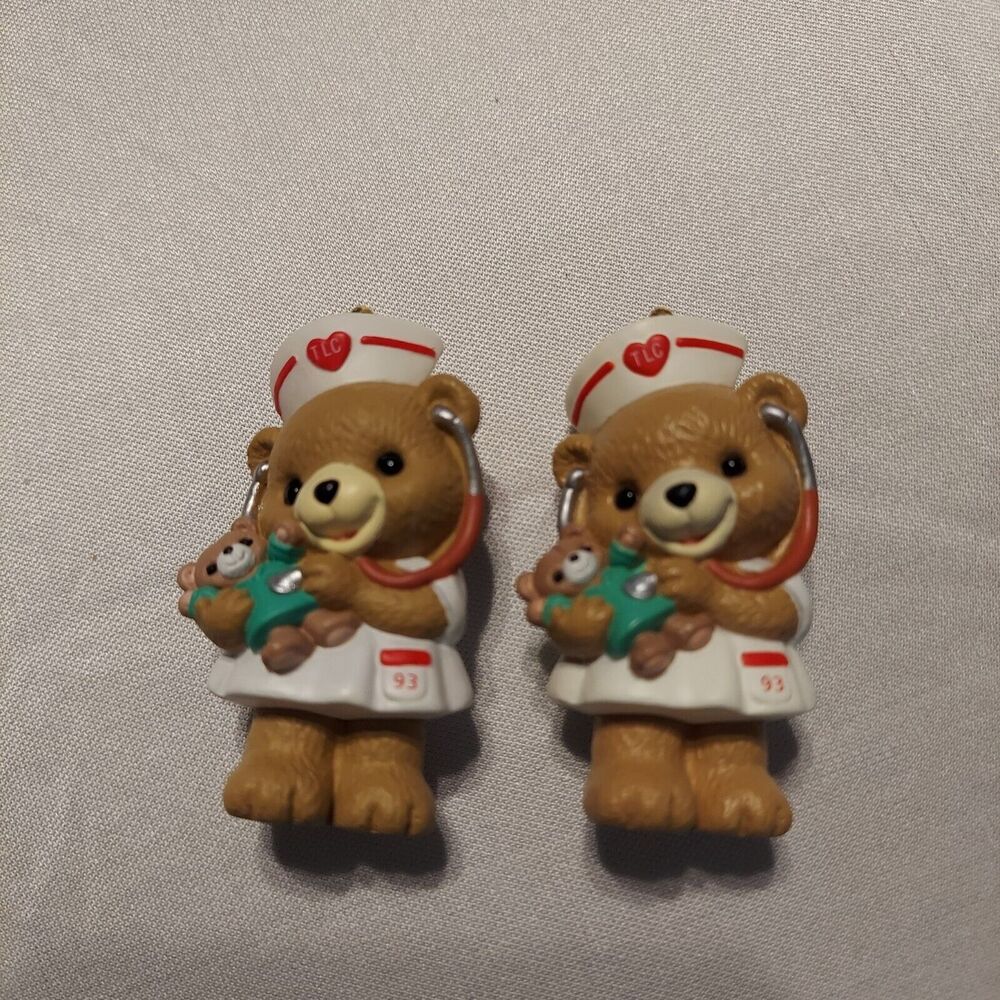 Two Vintage Hallmark Keepsake Ornaments Caring Nurse Teddy Bear 1993 No Box